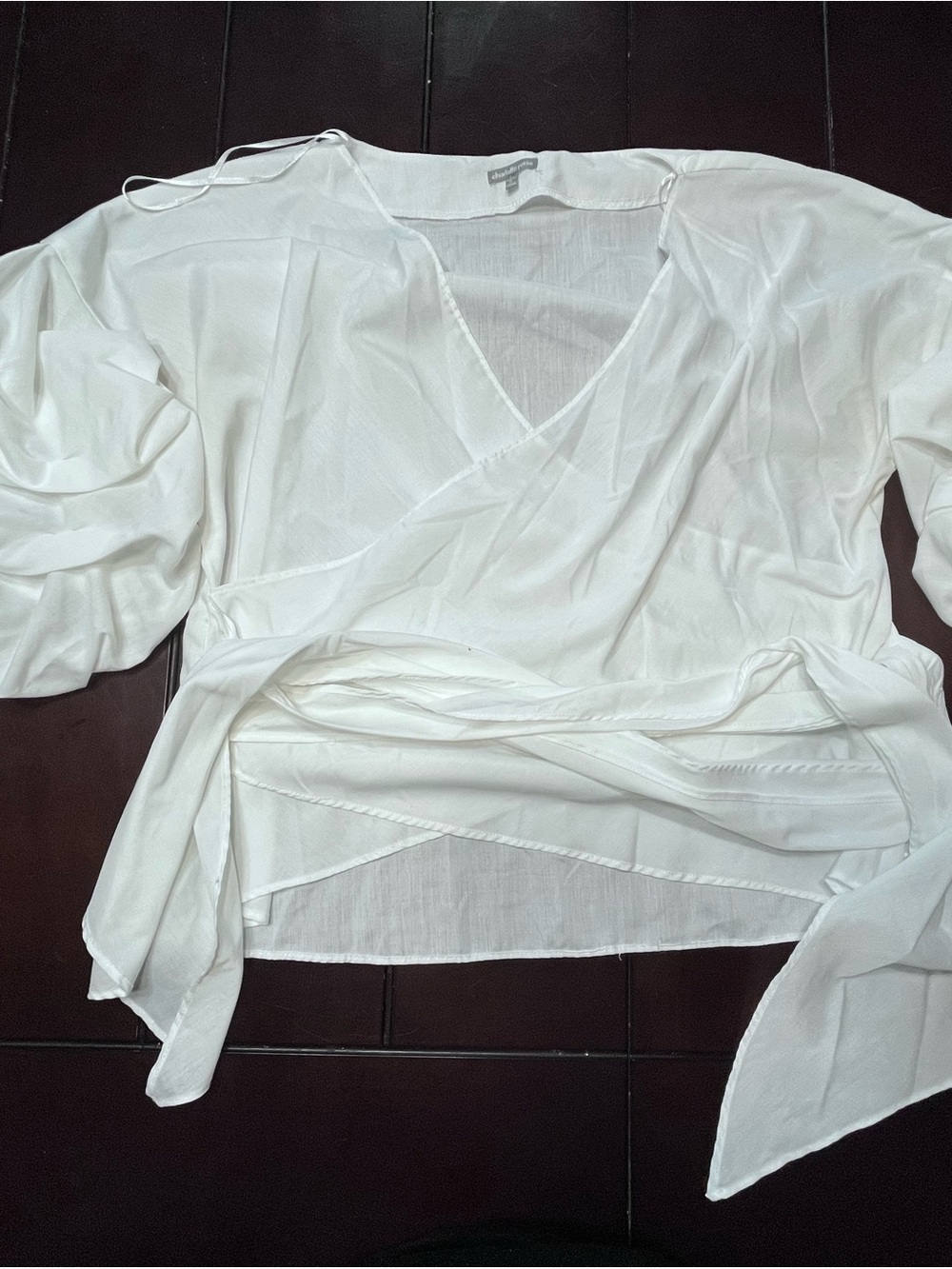 Charlotte Russe White Wrap Blouse Puff Sleeve Tie Waist Size L.